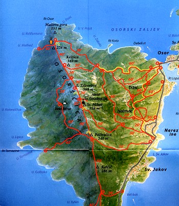 Wanderkarte des Osorscica Gebirgszuges bei Nerezine auf der Insel Losinj